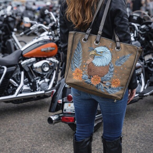 Artisan Handbags - Hand Painted Women's Tote Bag Satchel Eagle & Floral Artwork Purse Shoulder Bag